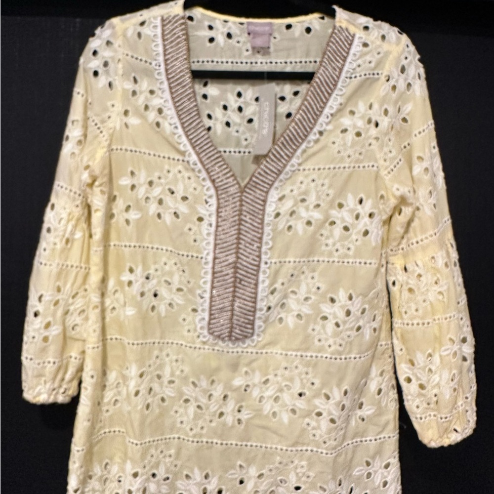 Chico's Yellow with Brown Trim Eyelet Tunic - New with tags